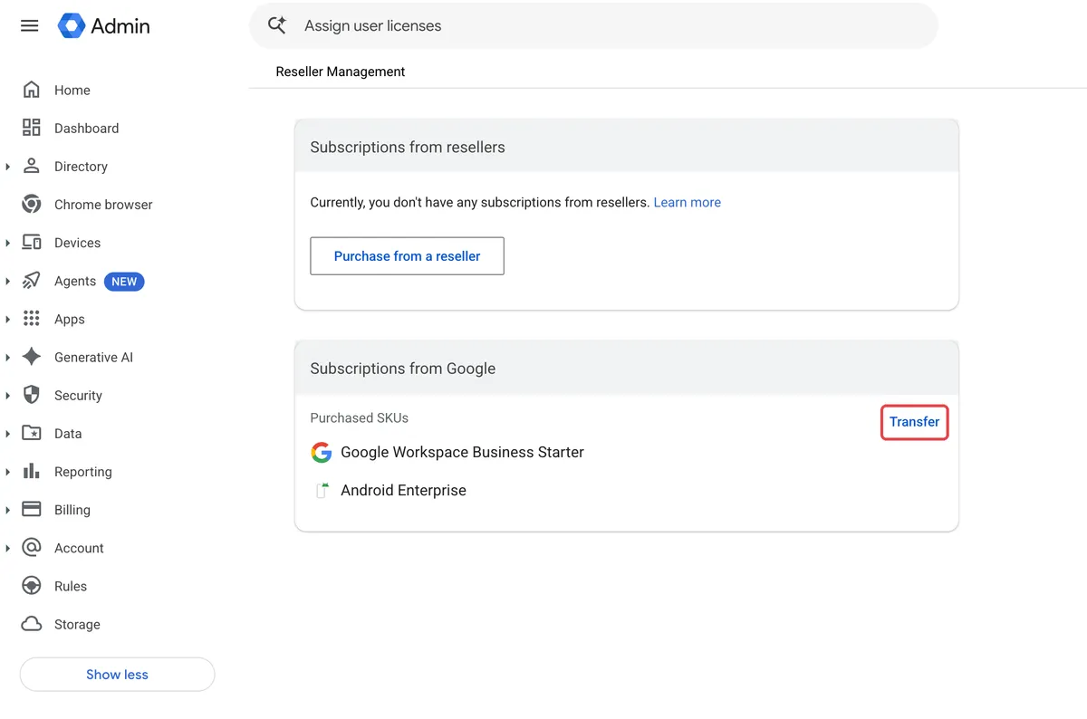 Google Admin console Reseller Management page with the Transfer link highlighted