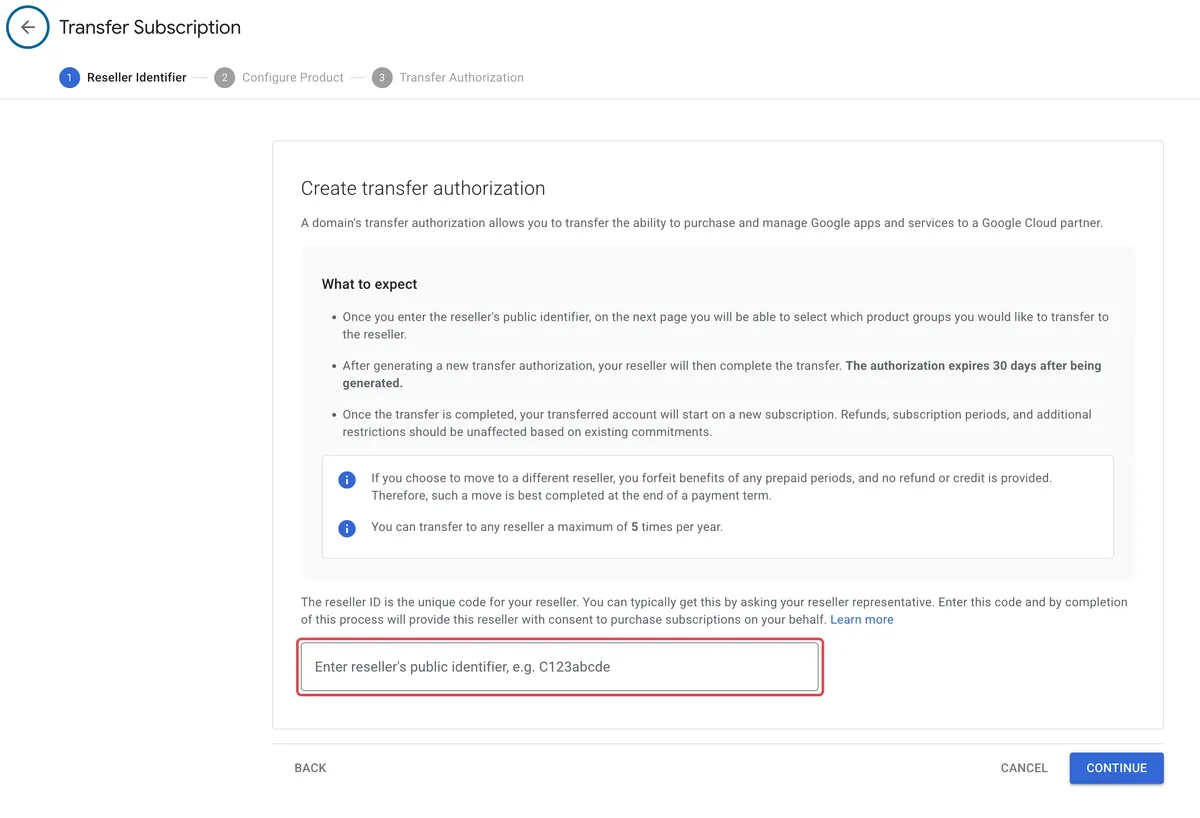 Create transfer authorization page with the reseller public identifier field highlighted