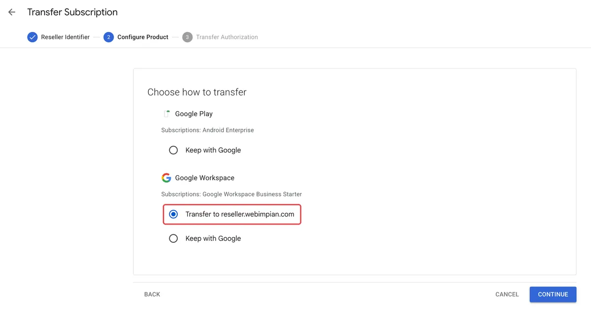 Choose how to transfer page with Transfer to reseller.webimpian.com selected