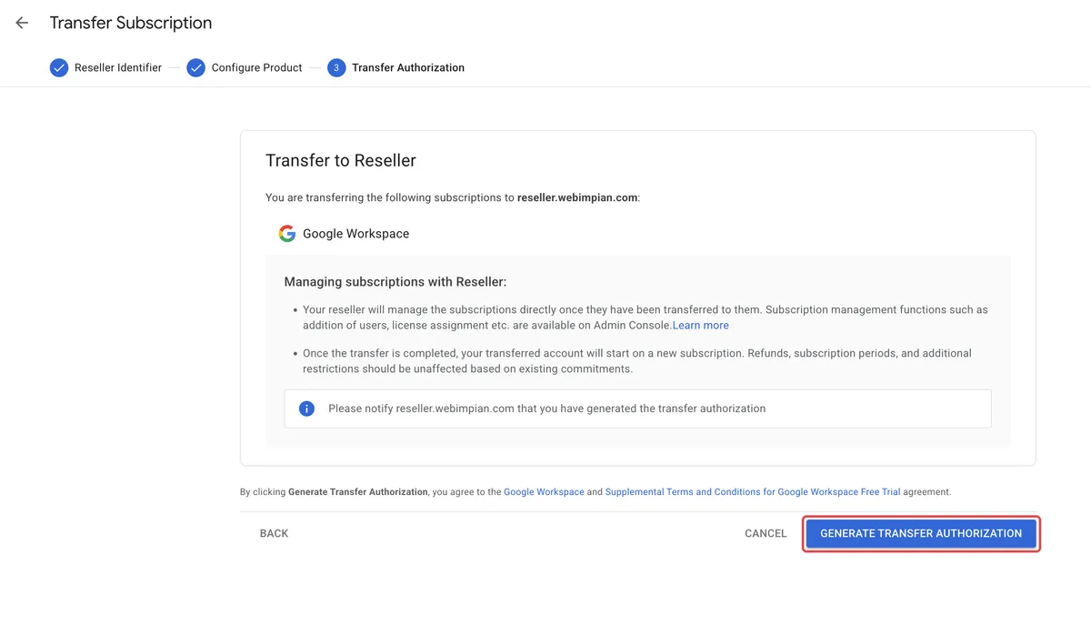 Transfer to Reseller summary page with the Generate Transfer Authorization button highlighted