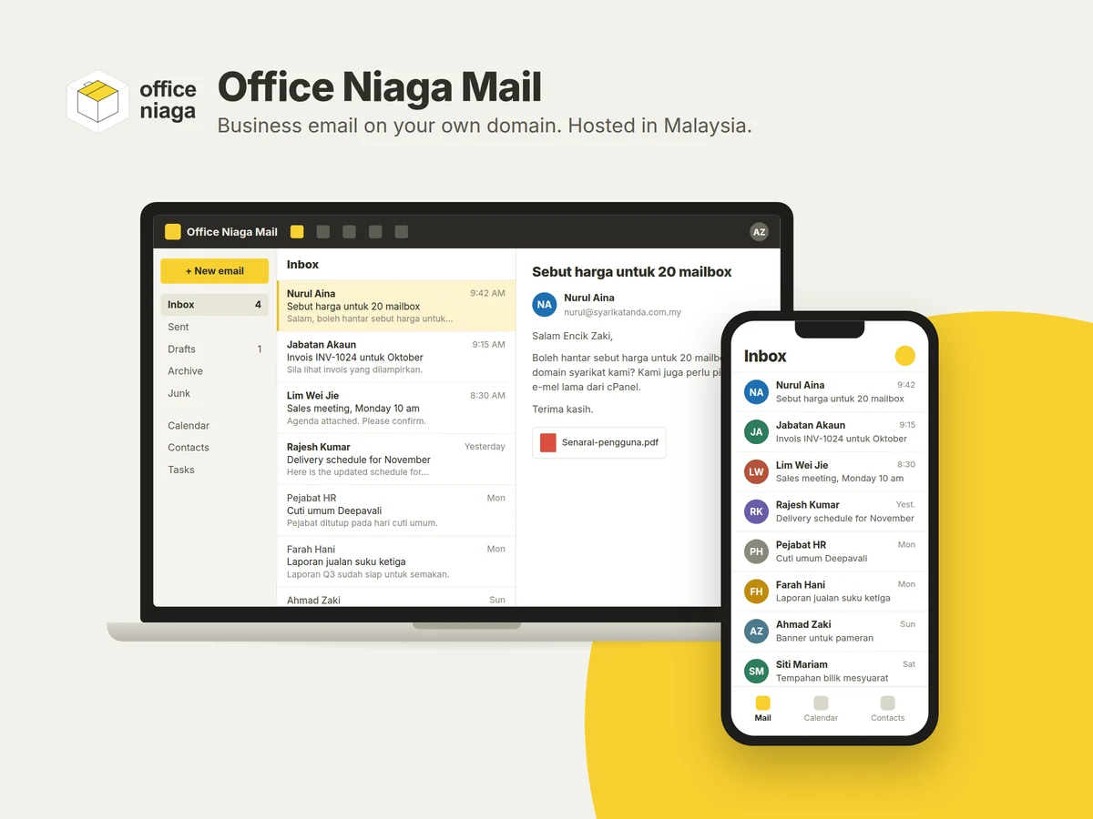 Office Niaga Mail webmail inbox on a laptop and the same inbox on a phone, with sample business email